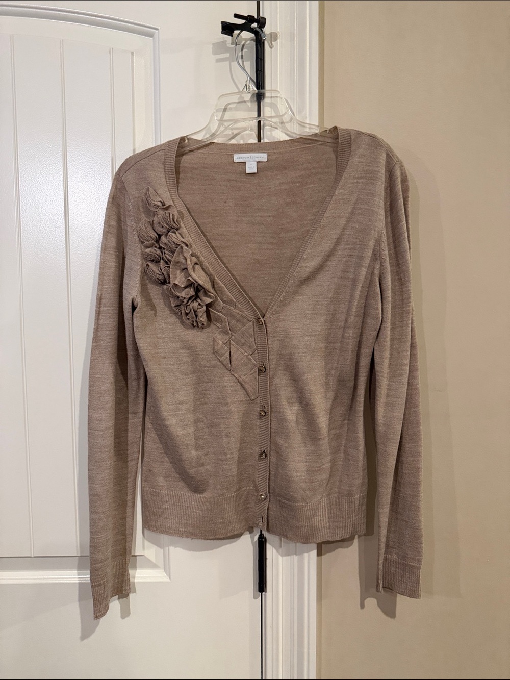 New York & Company Taupe Ruffle-Accent V-Neck Cardigan
